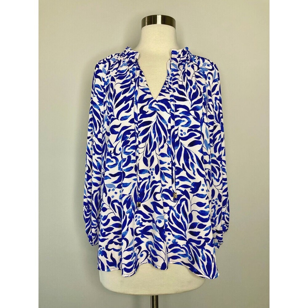 Veronica M Bedford Basket Split Neck 3/4 Sleeve Blouse Blue White Leaf Print L